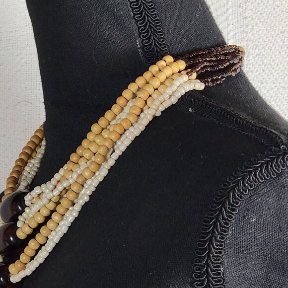 Express Wood Poly Brown Root Beer Tan Pearlescent White Bead 17" Choker Necklace - Picture 5 of 16